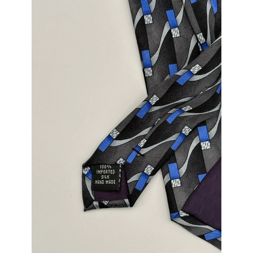 Louis Roth Mens Silk Tie Black Grey Blue Geometric Abstract Wavy Stripe Handmade